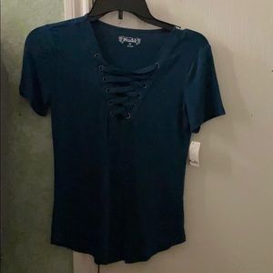 A blue lace up shirt